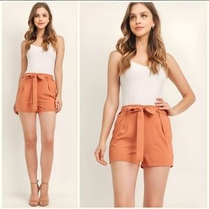 High Waist Rust Orange Shorts Tie Belt